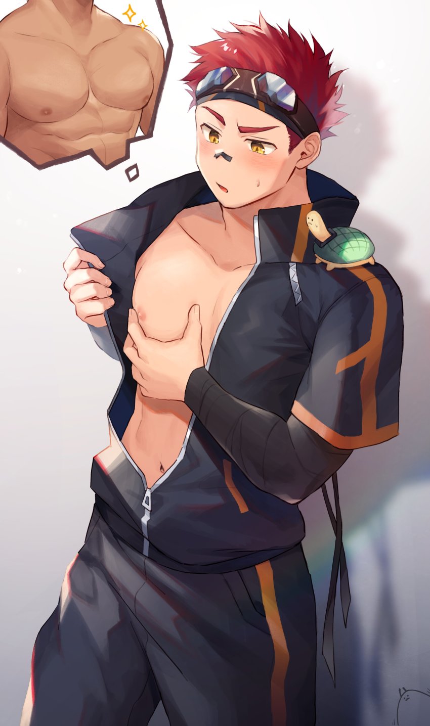 1boy, absurdres, bare_pectorals, borrowed_character, breasts, goggles, goggles_on_head, grabbing_own_breast