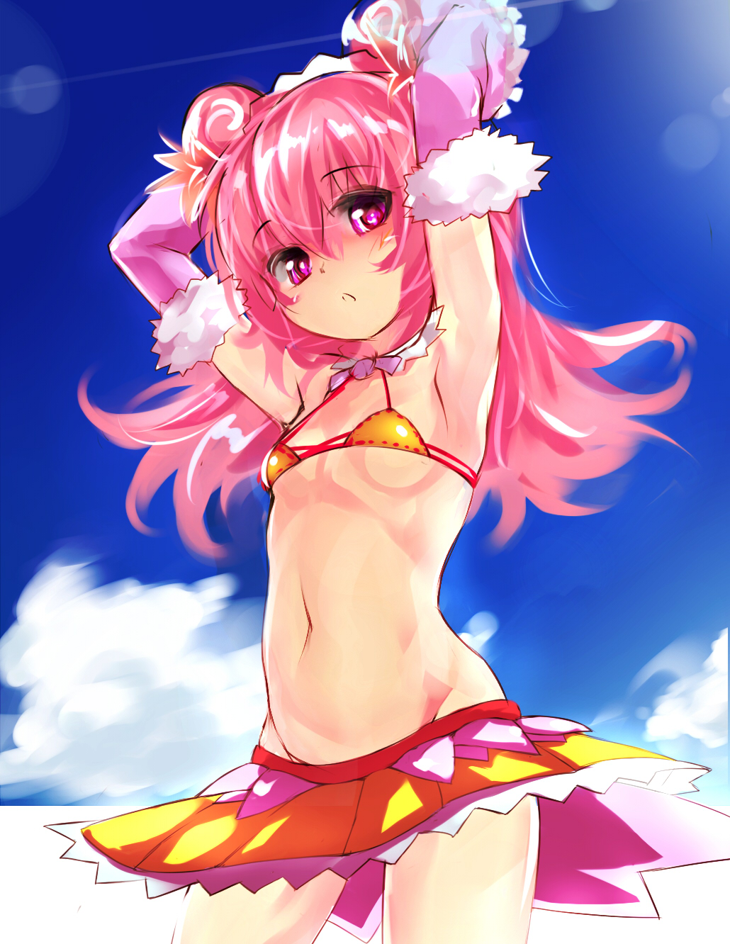 1girl, armpits, arms_up, bikini, breasts, cloud, cowboy_shot, curcuma_(flower_knight_girl)