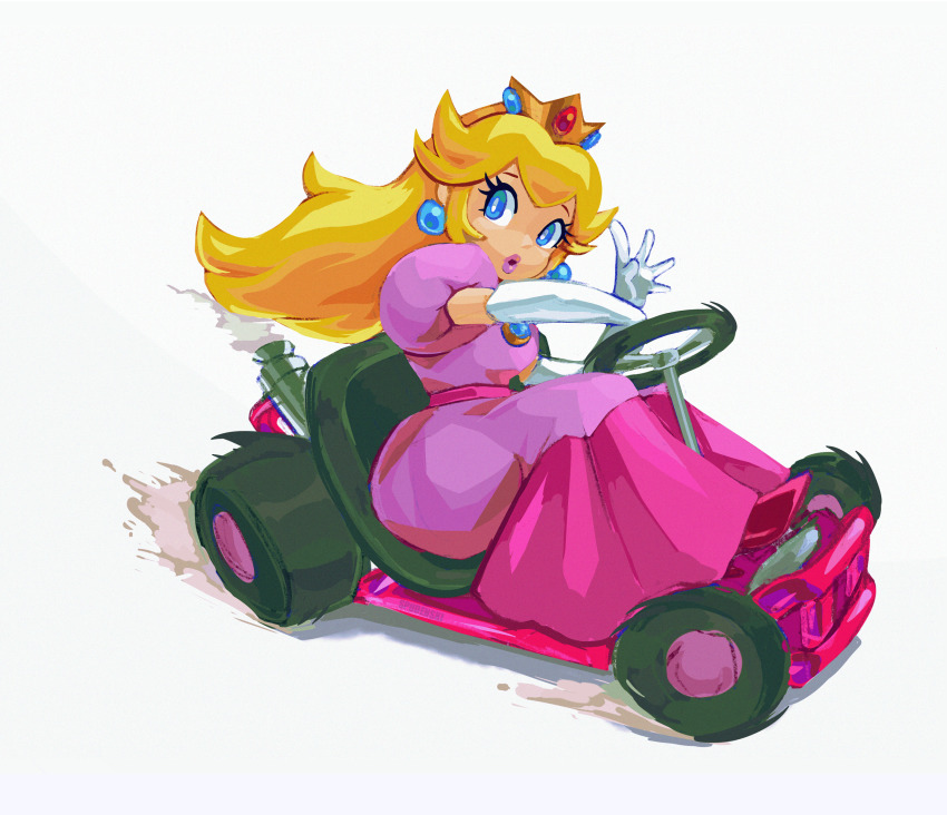 1girl, blonde_hair, blue_eyes, bright_pupils, brooch, crown, derivative_work, dress, drifting, driving, earrings, elbow_gloves, engine, eyelashes, floating_hair, full_body, gloves, go-kart, high_heels, highres, huge_filesize, jewelry, knees_up, lips, long_dress, long_hair, mario_(series), mario_kart, mario_kart_super_circuit, motion_lines, nintendo, open_hand, parted_lips, pedal, pink_dress, pink_lips, pink_shoes, princess, princess_peach, puffy_short_sleeves, puffy_sleeves, race_vehicle, shadow, shoes, short_sleeves, simple_background, sitting, smoke, solo, spudenski, steering_wheel, wheel, white_background, white_gloves, white_pupils
