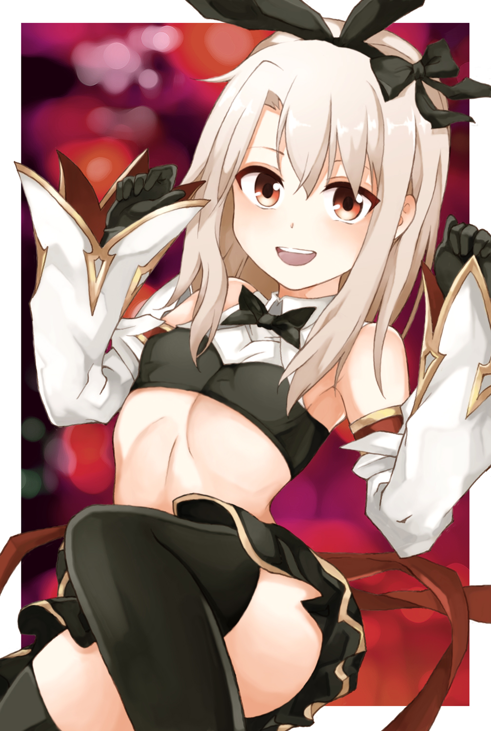 1girl, astolfo_(fate), astolfo_(fate)_(cosplay), astolfo_(saber)_(fate), astolfo_(saber)_(fate)_(cosplay), astolfo_(saber)_(first_ascension)_(fate), bare_shoulders, black_bow, black_gloves, black_ribbon, black_skirt, blush, bow, breasts, cosplay, crop_top, detached_sleeves, fate/grand_order, fate/kaleid_liner_prisma_illya, fate_(series), gloves, highres, illyasviel_von_einzbern, long_hair, looking_at_viewer, mochi_(k620803n), open_mouth, red_eyes, ribbon, skirt, small_breasts, smile, thighhighs, thighs, white_hair, wide_sleeves