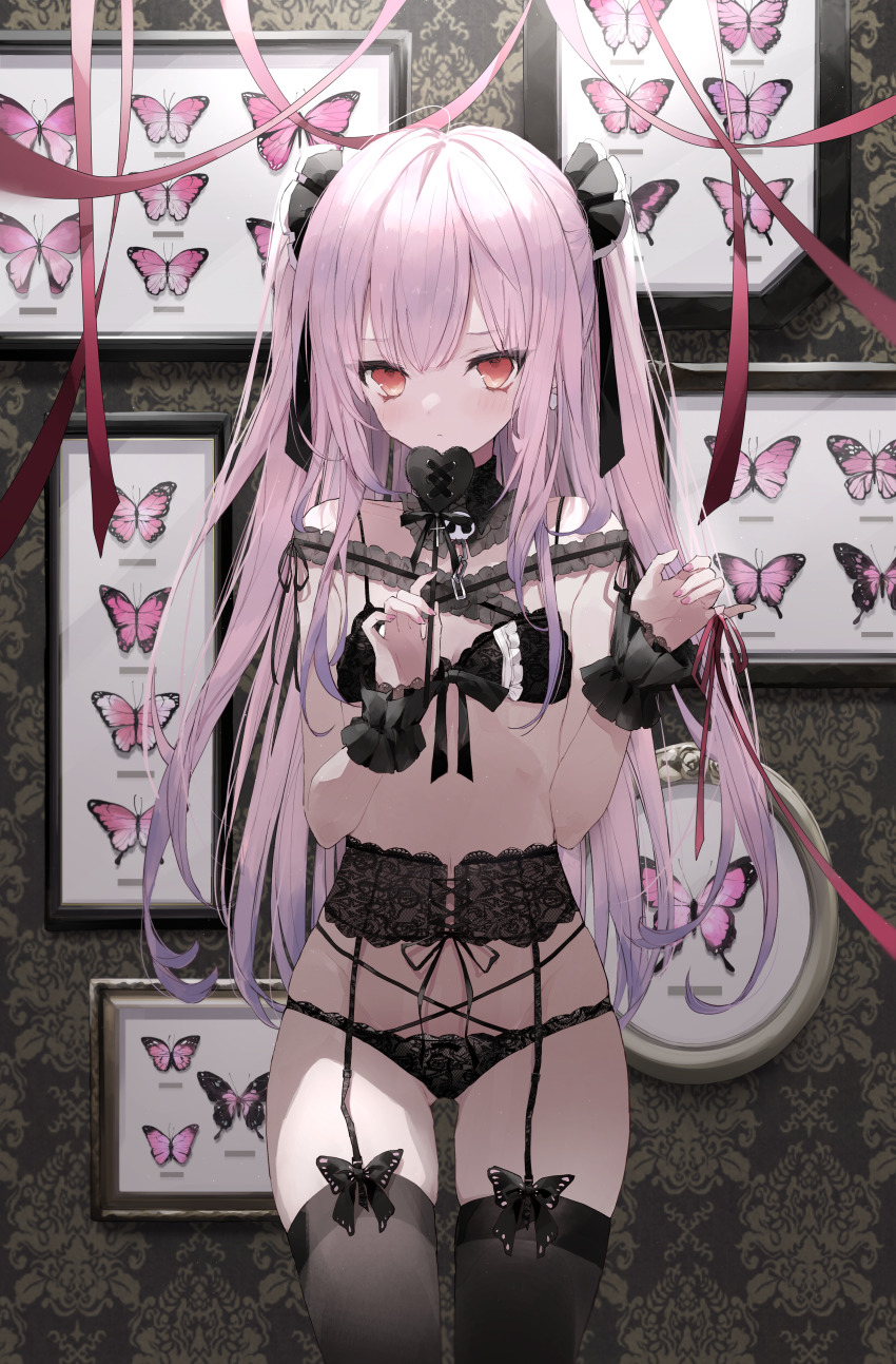 absurdres, bad_id, bad_pixiv_id, black_bra, black_panties, black_ribbon, black_thighhighs, bra, breasts, bug, butterfly, closed_mouth, corset, cowboy_shot, finger_ribbon, frown, garter_belt, garter_straps, gluteal_fold, hair_ribbon, highres, hololive, huge_filesize, indoors, insect, lace, lace-trimmed_bra, lace-trimmed_panties, lace_trim, lingerie, long_hair, looking_at_viewer, mashiro_shiki, nail_polish, pale_skin, panties, pink_hair, pink_nails, pink_ribbon, red_eyes, ribbon, sidelocks, skindentation, small_breasts, solo, standing, string, string_of_fate, thigh_gap, thighhighs, too_many, too_many_butterflies, two_side_up, underwear, underwear_only, uruha_rushia, uruha_rushia_(3rd_costume), virtual_youtuber, wallpaper_(object), wrist_cuffs