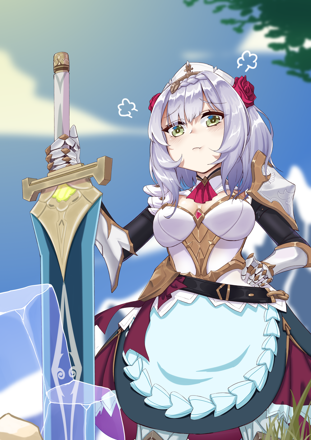 1girl, apron, armor, armored_dress, belt, blush, boobplate, braid