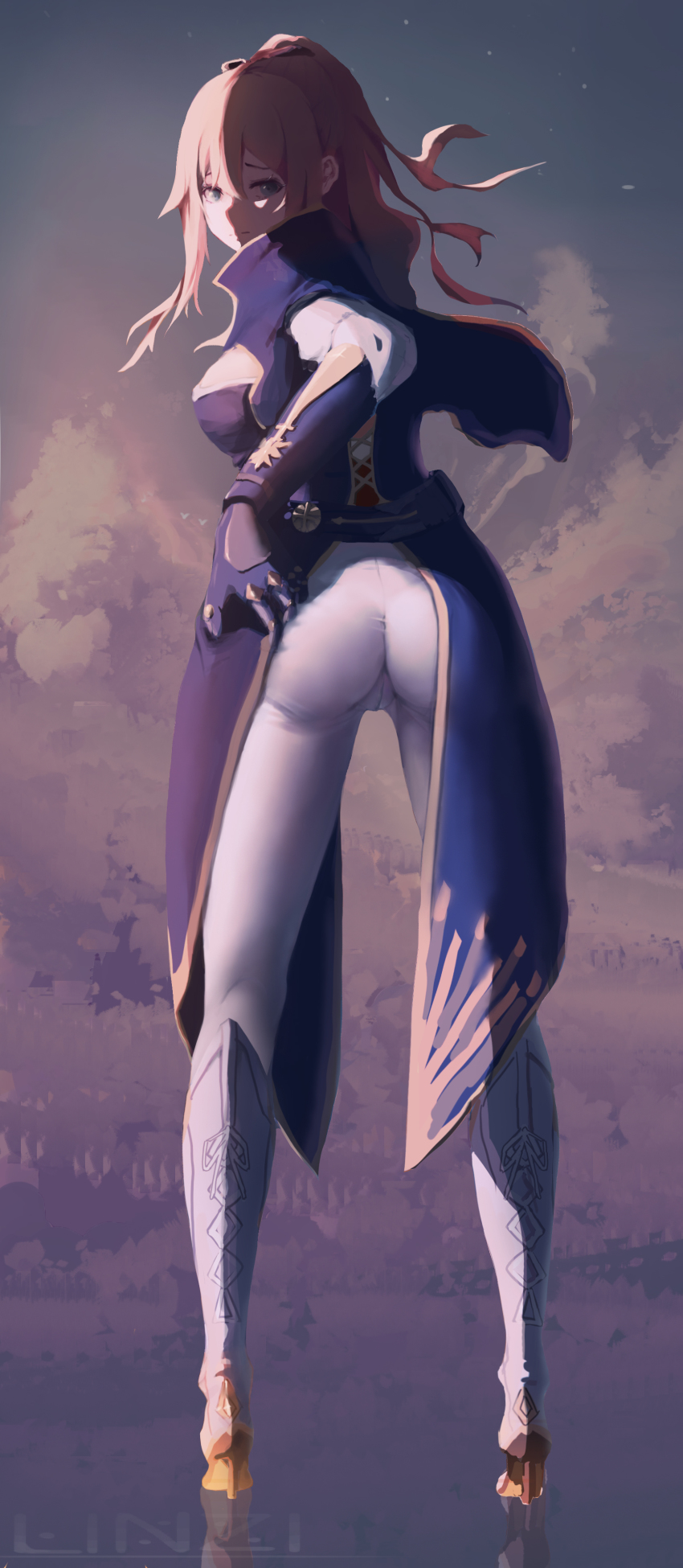 1girl, absurdres, ass, ass_focus, bad_id, bad_pixiv_id, blue_capelet, blue_eyes, breasts, cameltoe, capelet, coattails, from_behind, genshin_impact, gloves, hair_between_eyes, high_heels, high_ponytail, highres, jean_(genshin_impact), large_breasts, linzi, long_hair, looking_back, multicolored_capelet, pants, ponytail, sidelocks, standing, tailcoat, tight_clothes, tight_pants, white_footwear, white_pants