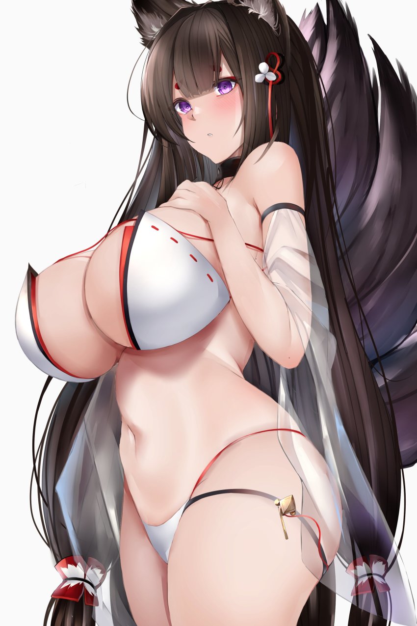 1girl, absurdres, amagi_(azur_lane), amagi_(wending_waters_serene_lotus)_(azur_lane), animal_ears, azur_lane, bad_id, bad_twitter_id, bikini, blunt_bangs, blush, breasts, brown_hair, cleavage, detached_sleeves, fox_ears, fox_girl, fox_tail, g3_(bitgiii), highres, huge_breasts, kitsune, long_hair, looking_at_viewer, multiple_tails, navel, purple_eyes, see-through_clothes, simple_background, solo, swimsuit, tail, thick_eyebrows, thigh_strap, white_background, white_bikini, wide_sleeves