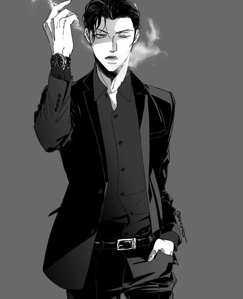 1boy, akai_shuuichi, arm_up, bad_id, bad_pixiv_id, belt, buttons, cigarette