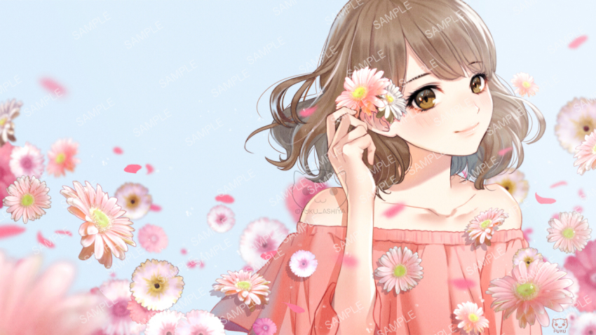 1girl, artist_name, ashiyafuku, bad_id, bad_pixiv_id, bare_shoulders, brown_eyes, brown_hair