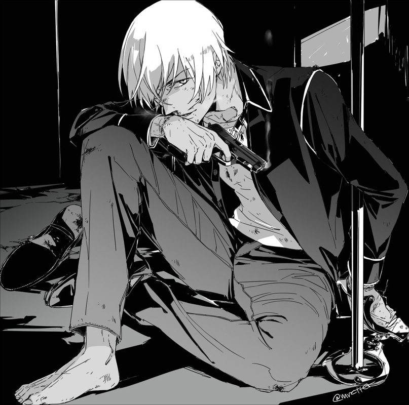 1boy, amuro_tooru, bad_id, bad_pixiv_id, cuffs, cuts, dirty, dirty_clothes, greyscale, gun, hair_between_eyes, hair_over_one_eye, handcuffs, holding, holding_gun, holding_weapon, injury, jacket, knee_up, looking_at_viewer, male_focus, meitantei_conan, monochrome, mrc-k, open_clothes, open_jacket, pants, parted_lips, restrained, shirt, unworn_shoe, shoes, unworn_shoes, short_hair, single_shoe, sitting, solo, twitter_username, weapon