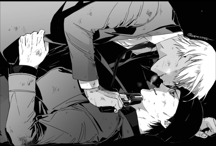 2boys, akai_shuuichi, amuro_tooru, at_gunpoint, bad_id, bad_pixiv_id, beanie, black_background