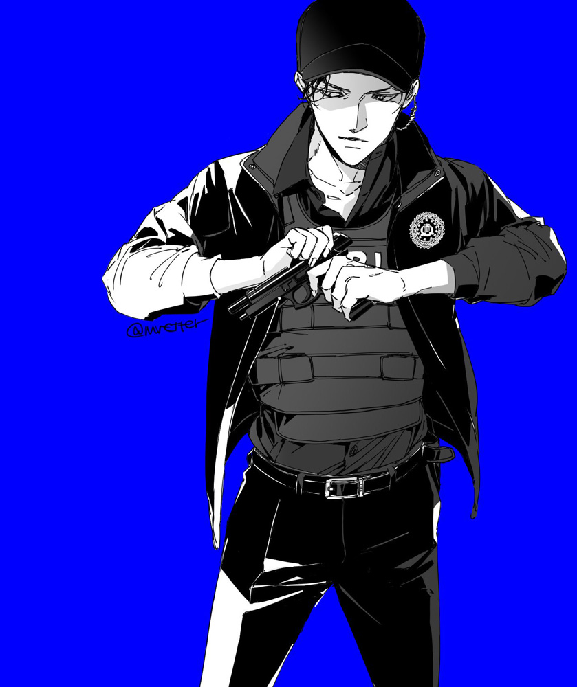 1boy, akai_shuuichi, bad_id, bad_pixiv_id, belt, blue_background, blue_theme, bulletproof_vest