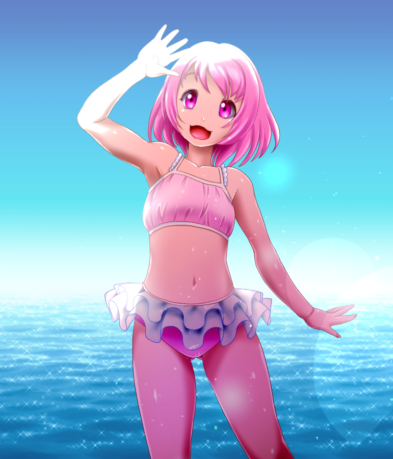 1girl, asada_okina, bikini, covering_own_eyes, dokidoki!_precure, frilled_bikini, frills, looking_up