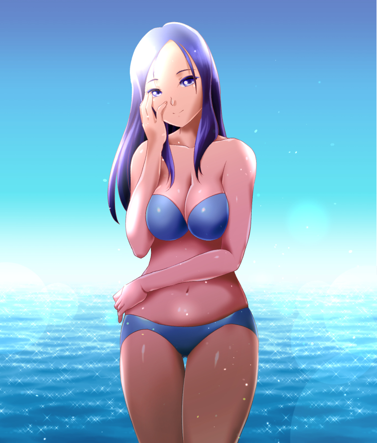 1girl, asada_okina, bikini, breasts, cleavage, dokidoki!_precure, hand_on_own_hip, hand_on_own_face