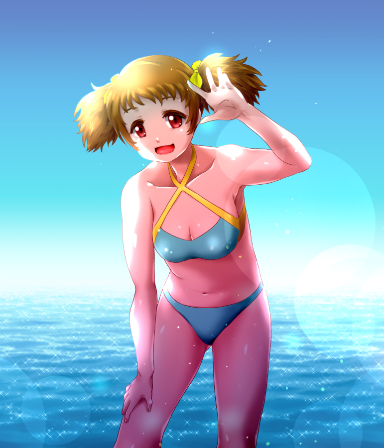 1girl, asada_okina, bikini, breasts, brown_eyes, brown_hair, cleavage, dokidoki!_precure