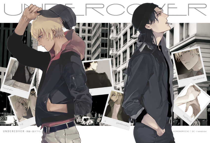 2boys, akai_shuuichi, amuro_tooru, arm_up, back-to-back, baseball_cap, beanie, belt