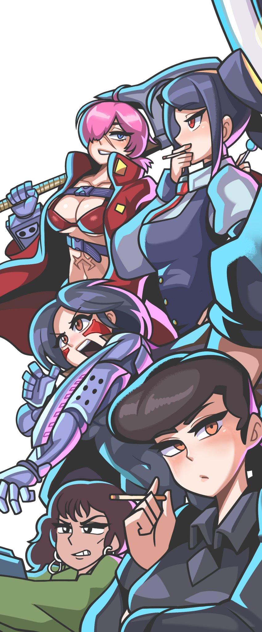 5girls, absurdres, alita, battle_angel_alita, blade_runner_(series), blade_runner_(1982_movie), blue_eyes, character_request, cigarette, crossover, cyberpunk, determined, fighting_stance, highres, holding, holding_weapon, jacket, melina_(total_recall), multiple_girls, no_guns_life, orange_eyes, pepper_(no_guns_life), rachel_(blade_runner), red_eyes, red_jacket, sagas293, simple_background, unfinished, va-11_hall-a, weapon, white_background