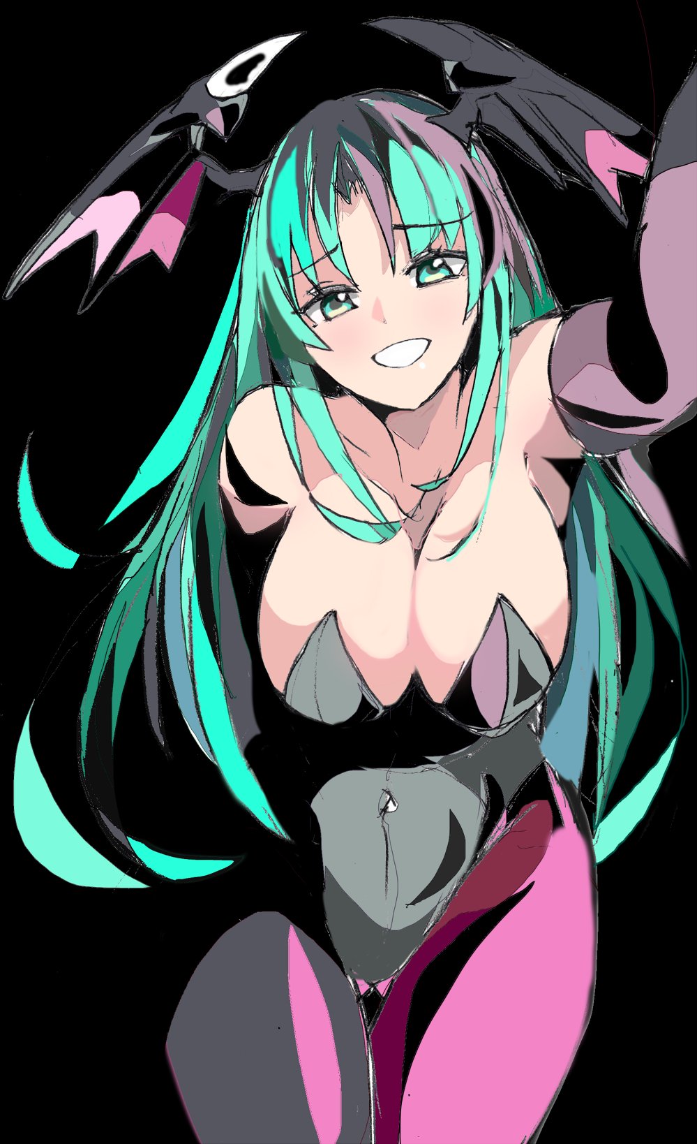 1girl, bat_wings, black_background, black_leotard, breasts, cleavage, demon_girl, demon_wings, elbow_gloves, enpe, gloves, green_eyes, green_hair, head_wings, highres, large_breasts, leotard, looking_at_viewer, morrigan_aensland, pantyhose, pink_pantyhose, shading, shading_mismatch, simple_background, smile, solo, darkstalkers, wings