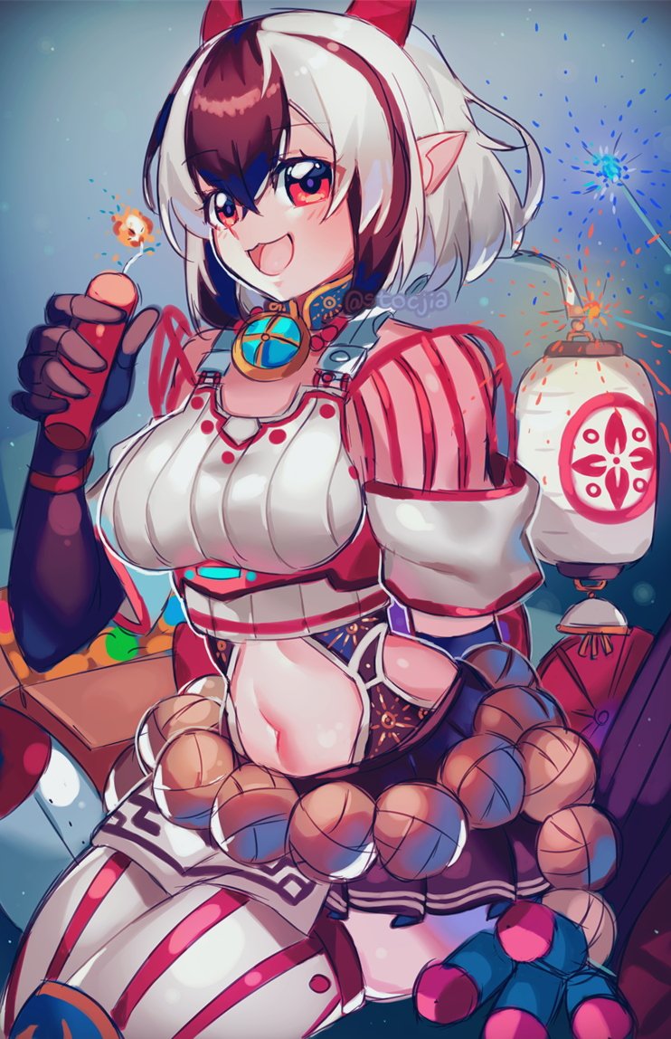 1girl, belly, crossette_(xenoblade), fire, fireworks, horns, multicolored_hair, navel