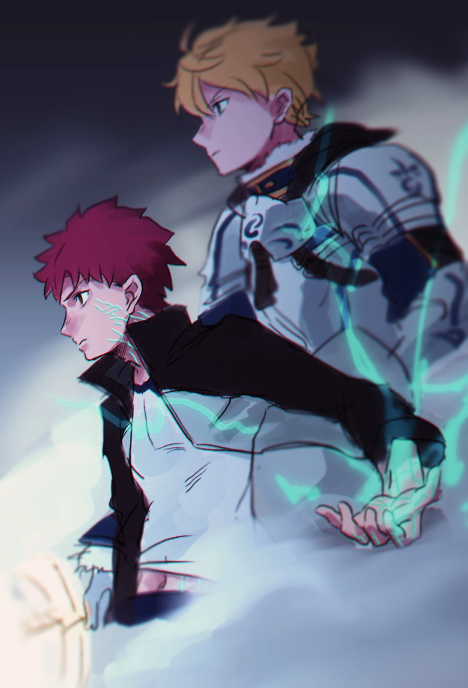 2boys, applechoc, armor, arthur_pendragon_(fate), blonde_hair, breastplate, emiya_shirou, fate/prototype