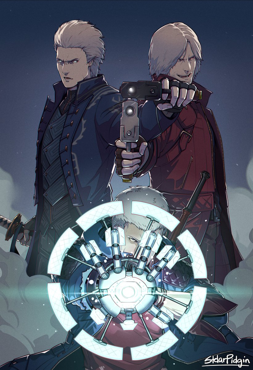 3boys, blue_coat, coat, commentary, dante_(devil_may_cry), devil_breaker, devil_may_cry_(series), devil_may_cry_5, ebony_(devil_may_cry), english_commentary, fingerless_gloves, gerbera_(devil_may_cry), gloves, grey_hair, gun, hand_cannon, handgun, highres, holding, holding_gun, holding_sword, holding_weapon, ivory_(devil_may_cry), looking_at_viewer, m1911, multiple_boys, nero_(devil_may_cry), prosthesis, prosthetic_arm, red_coat, smoke, spoilers, stelarpidgin, sword, vergil_(devil_may_cry), weapon, yamato_(sword)