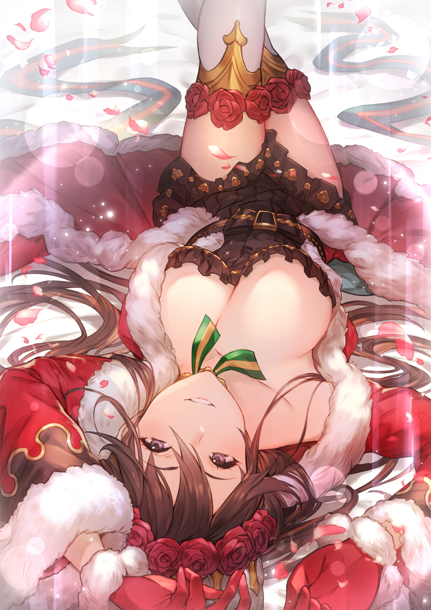 1girl, black_dress, blush, breasts, brown_hair, cleavage, coat, dress, flower, fur-trimmed_coat, fur_trim, gloves, granblue_fantasy, hair_between_eyes, hair_flower, hair_ornament, hair_spread_out, highres, kakage, large_breasts, legs_up, long_hair, long_sleeves, looking_at_viewer, petals, red_coat, red_gloves, ribbon, rose, rosetta_(granblue_fantasy), rosetta_(holiday)_(granblue_fantasy), short_dress, smile, solo, striped_ribbon, thighhighs, thighs, upside-down, white_thighhighs