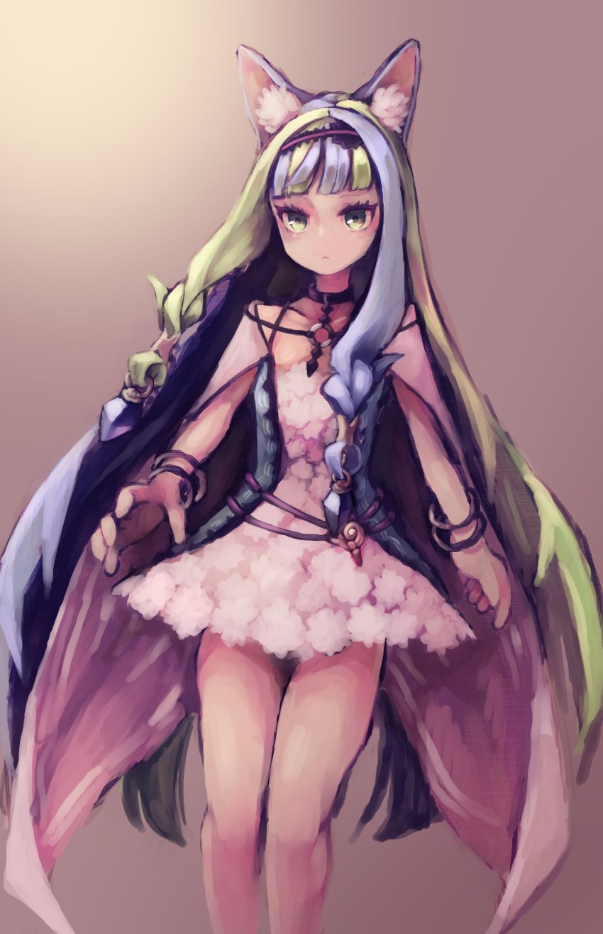 1girl, 7th_dragon_(series), 7th_dragon_iii, :<, animal_ears, black_choker, bracelet, cape, cat_ears, choker, closed_mouth, dress, fortuner_(7th_dragon), green_eyes, green_hair, grey_hair, hairband, highres, jewelry, long_hair, looking_at_viewer, multicolored_hair, o-ring, o-ring_top, okame_nin, short_dress, solo, standing, two-tone_hair, very_long_hair