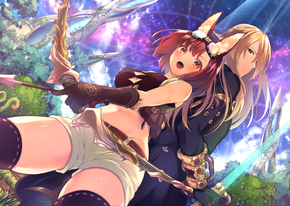 1boy, 1girl, :d, animal_ear_fluff, animal_ears, arrow_(projectile), back-to-back, bare_shoulders