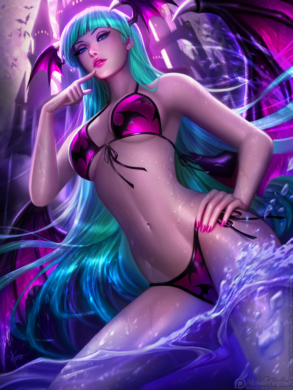 1girl, animal_print, aqua_hair, artist_name, bare_shoulders, bat_(animal), bat_print, bat_wings