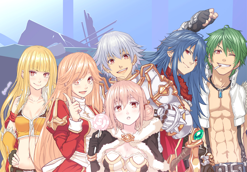 3boys, 3girls, abs, arm_up, armband, armor, assassin_cross_(ragnarok_online), bare_pectorals