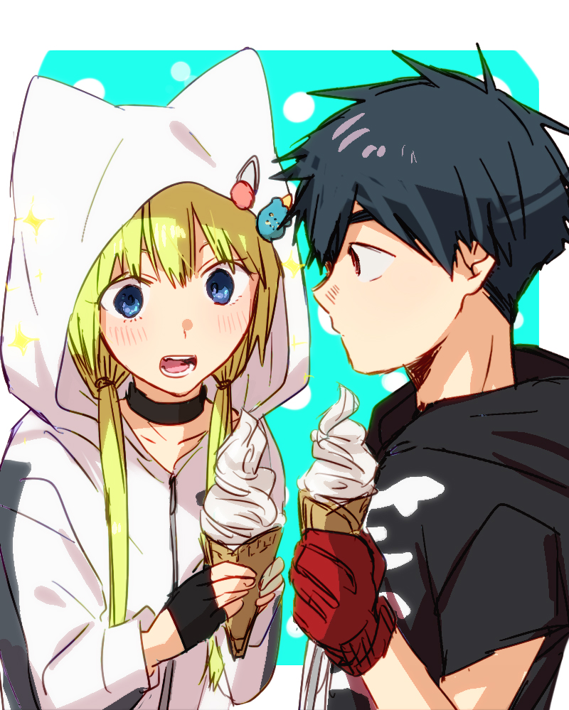 1boy, 1girl, animal_hood, black_choker, black_gloves, black_hair, black_hoodie, blonde_hair