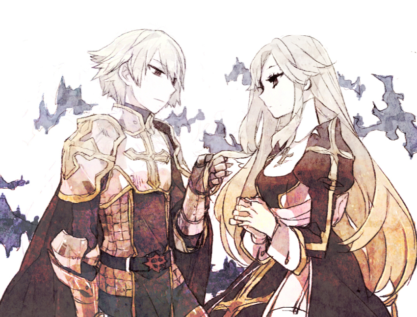 1boy, 1girl, arm_at_side, armor, black_gloves, blonde_hair, breastplate, cape