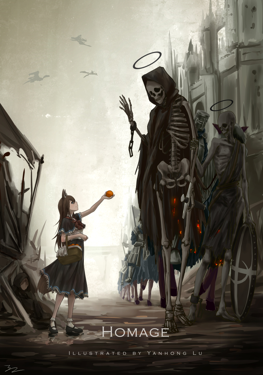 1girl, 3others, 4boys, absurdres, ambiguous_gender, animal_ears, apple, armor