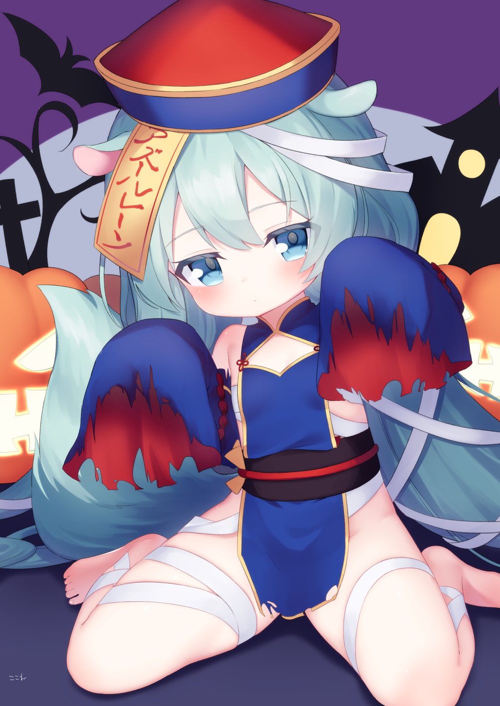 1girl, animal, animal_ears, azur_lane, bandaged_leg, bandages, bare_shoulders, barefoot, bat_(animal), blue_dress, blue_eyes, blue_sleeves, blush, closed_mouth, commentary_request, detached_sleeves, dress, green_hair, hair_between_eyes, halloween, hat, highres, jack-o'-lantern, jiangshi_costume, kokone_(coconeeeco), long_hair, long_sleeves, looking_at_viewer, mikazuki_(azur_lane), mikazuki_(sweet_zombie)_(azur_lane), ofuda, qingdai_guanmao, red_hat, sitting, sleeveless, sleeveless_dress, sleeves_past_fingers, sleeves_past_wrists, solo, tail, torn_clothes, torn_sleeves, very_long_hair, wariza