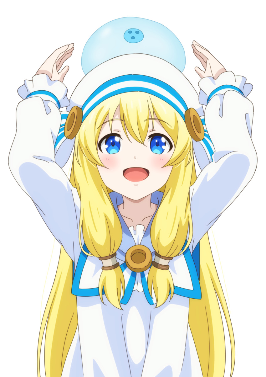 1girl, :d, arms_up, beret, blonde_hair, blue_eyes, blush, collarbone, collared_dress, commentary_request, dbmaster, dress, elialia_jamil, eliaria_jamil, hair_between_eyes, hat, highres, kami-tachi_ni_hirowareta_otoko, long_hair, long_sleeves, open_mouth, simple_background, slime_(creature), smile, solo, very_long_hair, white_background, white_dress, white_hat