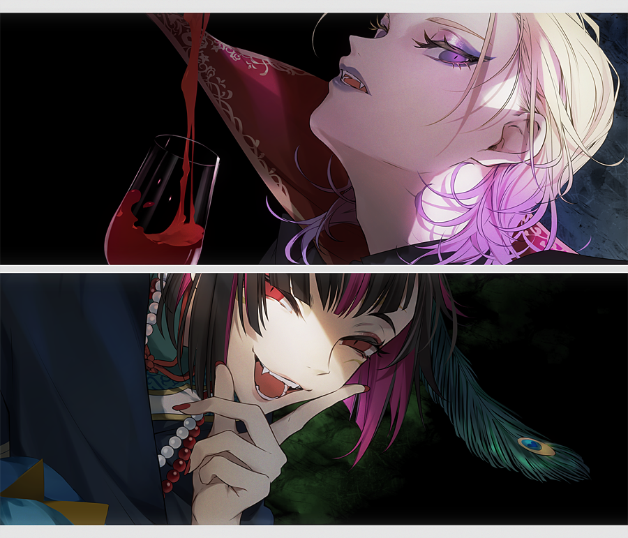 2boys, alternate_costume, black_hair, blonde_hair, fangs, feathers, gradient_hair, hair_between_eyes, halloween_costume, juice, kamari_(kama_ri), lilia_vanrouge, lilia_vanrouge_(halloween), long_hair, long_sleeves, makeup, male_focus, multicolored_hair, multiple_boys, nail_polish, official_alternate_costume, open_mouth, pink_hair, purple_eyes, red_eyes, short_hair, slit_pupils, smile, streaked_hair, tomato_juice, twisted_wonderland, two-tone_hair, vampire, vil_schoenheit, vil_schoenheit_(halloween)