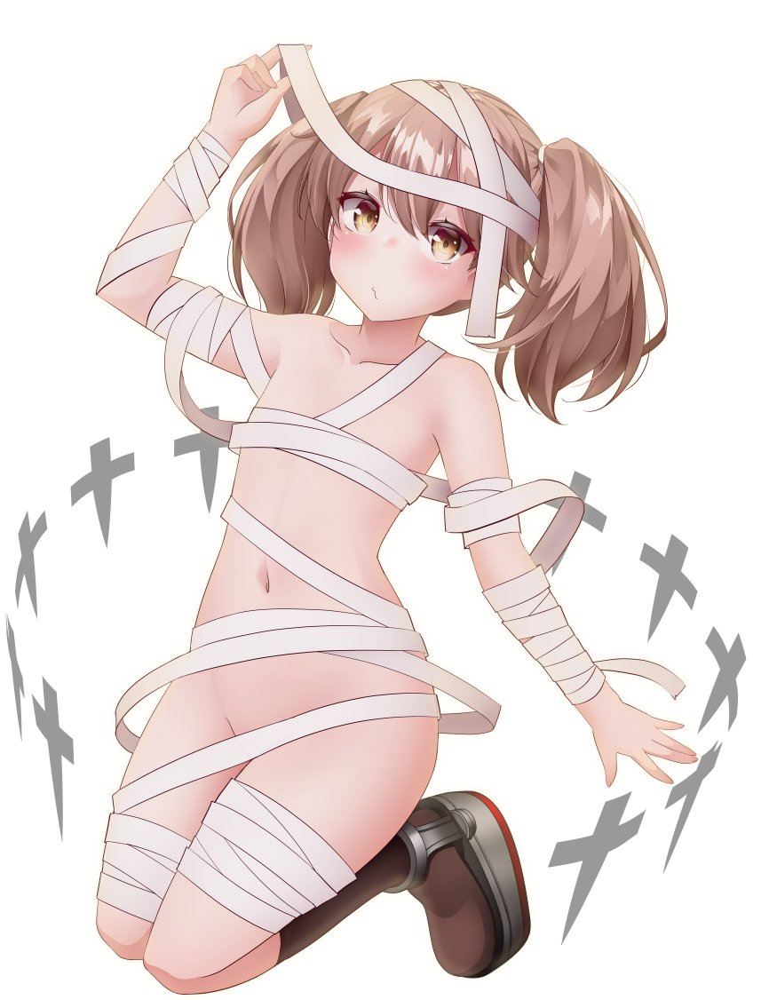 1girl, bandages, boots, brown_boots, brown_eyes, brown_hair, commentary_request, flat_chest