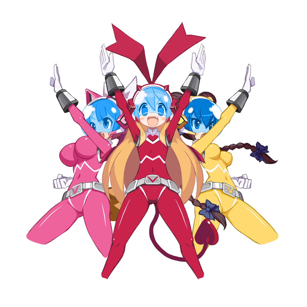 3girls, animal_ears, arm_up, blonde_hair, blue-tinted_eyewear, blush, bodysuit, braid, brawler_(disgaea), breasts, brown_hair, cat_ears, cat_girl, cat_tail, cropped_legs, demon_girl, demon_tail, demon_wings, disgaea, disgaea_rpg, double_bun, fake_animal_ears, fang, female_brawler_(disgaea), fight_mistress_(disgaea), flat_chest, flonne, flonne_(fallen_angel), flonne_(lovely), gloves, hair_bun, hands_up, impossible_clothes, impossible_shirt, large_breasts, long_hair, martial_artist_(disgaea), medium_breasts, multiple_girls, nekomata, nekomata_(disgaea), official_art, open_mouth, pink_bodysuit, pink_hair, red_bodysuit, shirt, short_twintails, skin_tight, tagme, tail, thick_thighs, thighs, tight_clothes, tinted_eyewear, twin_braids, twintails, visor, wide_hips, wings, yellow_bodysuit