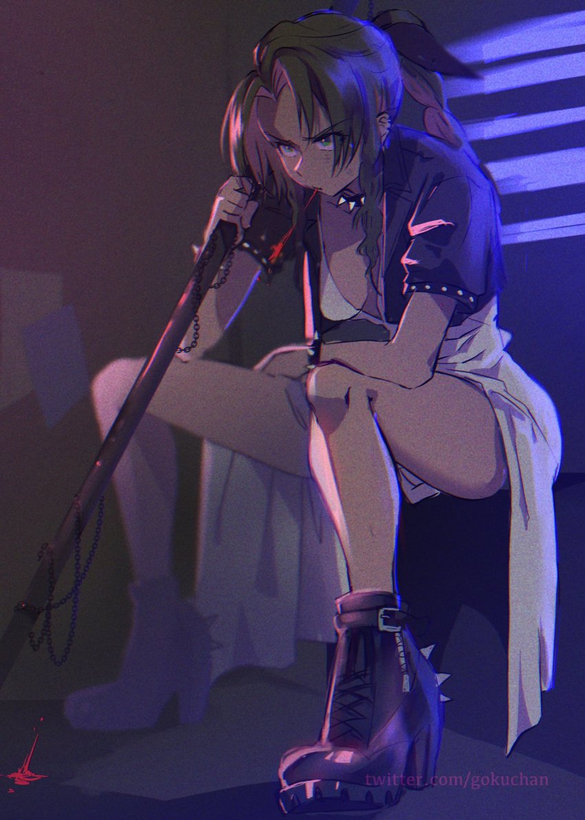 1girl, aerith_gainsborough, alternate_form, black_hair, blood_from_mouth, boots, collar, final_fantasy