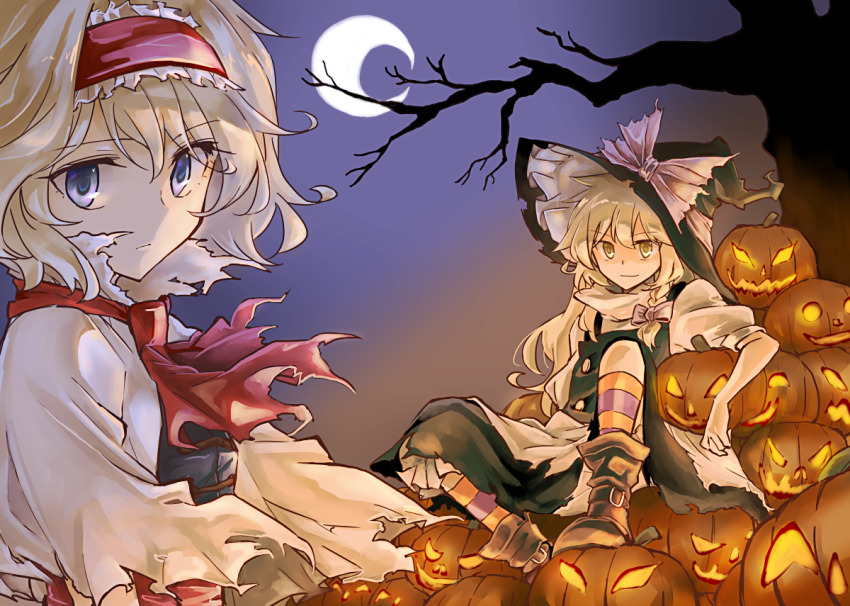 2girls, alice_margatroid, apron, ascot, black_headwear, black_skirt, black_vest, blonde_hair