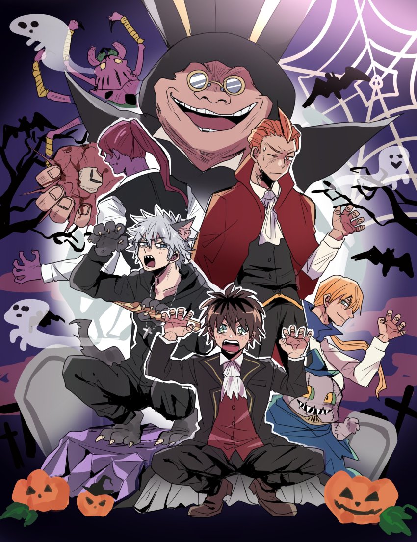 6+boys, absurdres, black_hair, blonde_hair, bug, cape, colored_skin, coro_(leocorok)