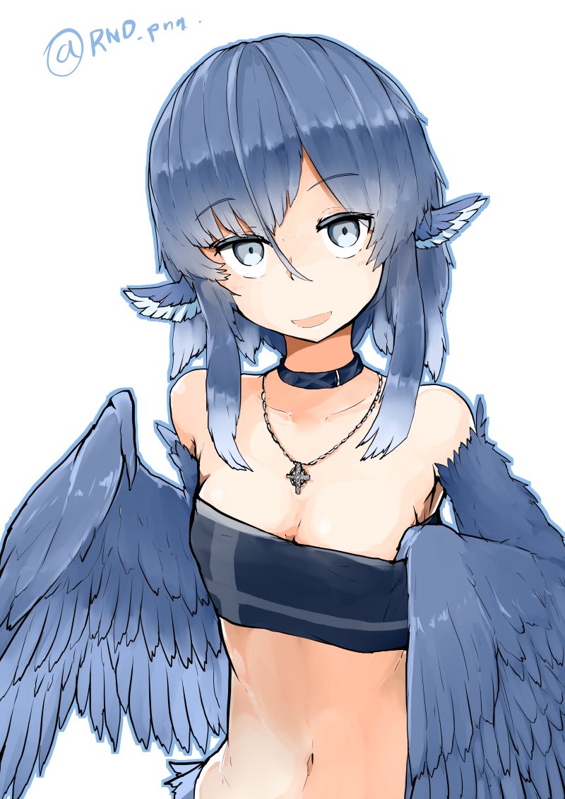 1girl, animal_ears, bare_shoulders, bird_ears, bird_wings, blue_feathers, blue_hair, blue_wings