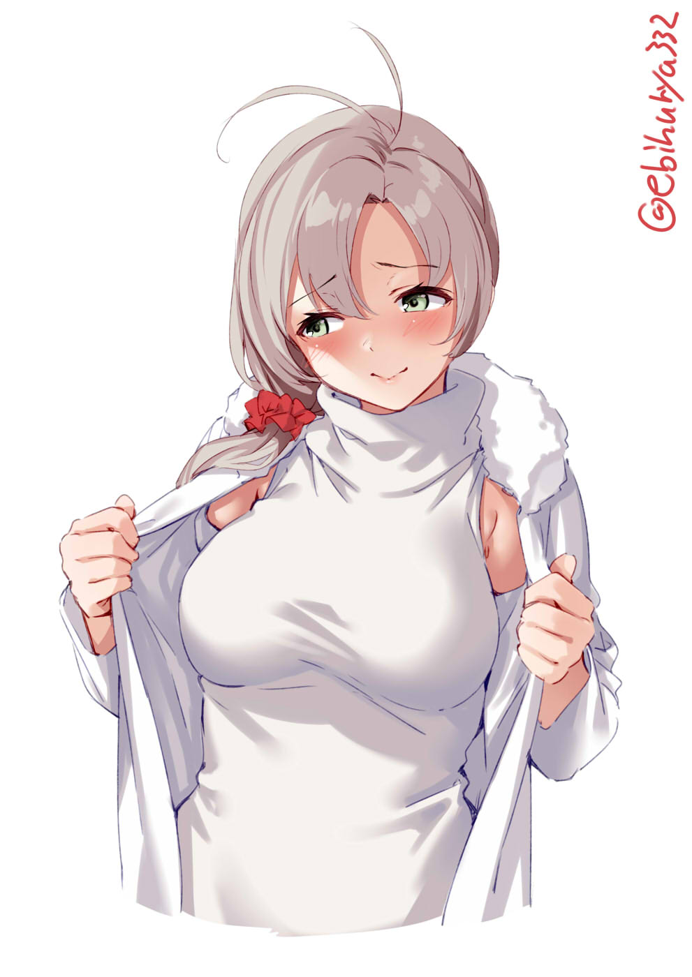 1girl, alternate_hairstyle, antenna_hair, blush, breasts, coat, ebifurya, embarrassed, green_eyes, grey_hair, hair_between_eyes, hair_over_shoulder, highres, kantai_collection, kinugasa_(kancolle), kinugasa_kai_ni_(christmas)_(kancolle), kinugasa_kai_ni_(winter)_(kancolle), lips, long_hair, looking_at_viewer, medium_breasts, official_alternate_costume, open_clothes, side_ponytail, simple_background, sleeveless, sleeveless_turtleneck, solo, sweater, turtleneck, turtleneck_sweater, twitter_username, undressing, upper_body, white_background, white_coat, white_sweater