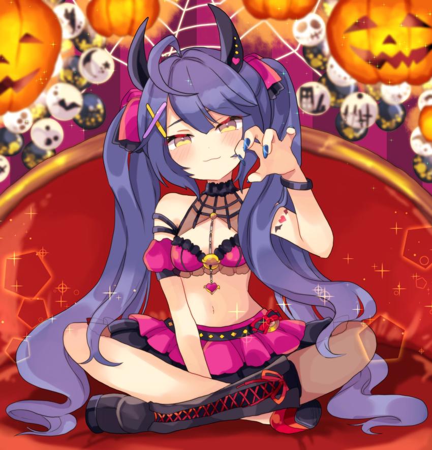 1girl, amamiya_kokoro, arm_tattoo, armband, asymmetrical_footwear, black_horns, black_ribbon, black_thighhighs, blue_hair, blue_nails, blurry, blurry_background, boots, bracelet, breasts, cleavage, closed_mouth, commentary, couch, crop_top, demon_horns, depth_of_field, fingernails, frilled_armband, frills, hair_ornament, hair_ribbon, half-closed_eyes, halloween, halloween_costume, halterneck, heart, heart_tattoo, highres, horns, indian_style, jack-o'-lantern_ornament, jewelry, knee_boots, lace-up_boots, layered_skirt, long_hair, looking_at_viewer, nail_polish, navel, nijisanji, on_couch, purple_ribbon, purple_skirt, red_footwear, ribbon, riku_(ururi7610), sharp_fingernails, shoes, single_thighhigh, sitting, skirt, smile, solo, sparkle, tattoo, thighhighs, twintails, uneven_footwear, very_long_hair, virtual_youtuber, x_hair_ornament, yellow_eyes