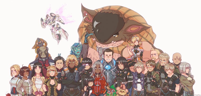 6+boys, 6+girls, :d, absurdres, alexa_(xenoblade_x), alien, ares_(xenoblade_x), aurora_(cynicalruins)