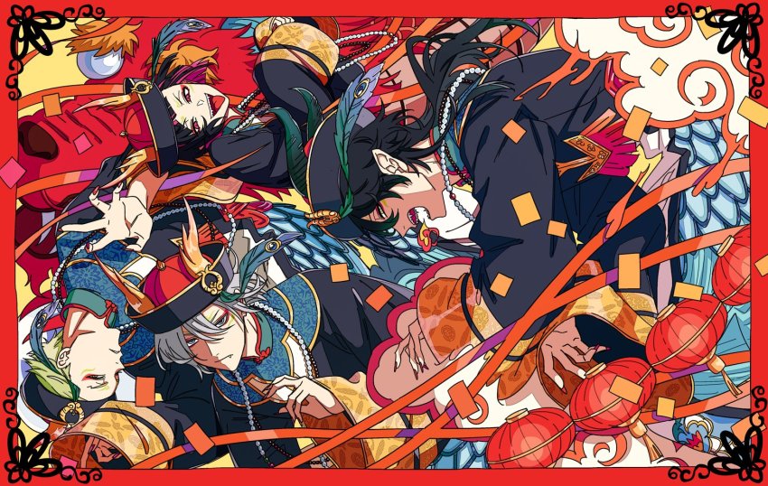 4boys, black_hair, collared_shirt, dragon_boy, fangs, feathers, green_eyes, green_hair