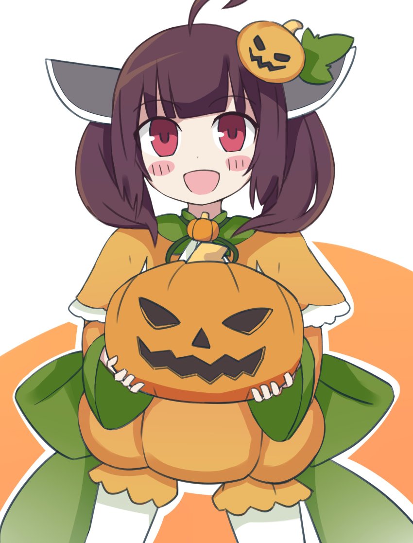 1girl, absurdres, blunt_bangs, bow, brown_hair, commentary, cowboy_shot, food-themed_hair_ornament