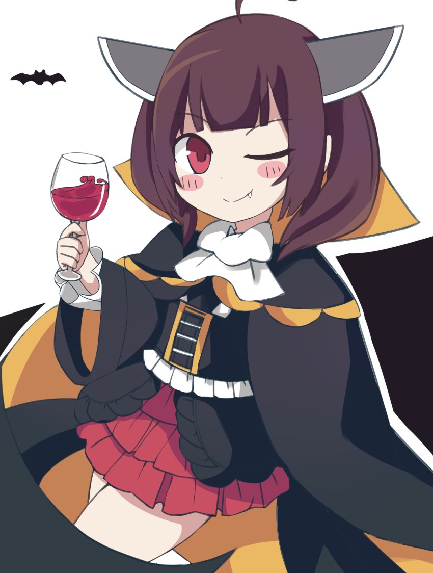 1girl, absurdres, bat_(animal), black_cloak, black_dress, blunt_bangs, blush_stickers, brown_hair, cloak, commentary, cowboy_shot, cup, dress, drinking_glass, fang, frilled_skirt, frills, halloween, halloween_costume, headgear, highres, holding, holding_cup, looking_at_viewer, miniskirt, neckerchief, one_eye_closed, red_eyes, red_skirt, short_hair, skirt, smile, solo, touhoku_kiritan, vampire_costume, voiceroid, white_background, white_neckerchief, wine_glass, zerueru11