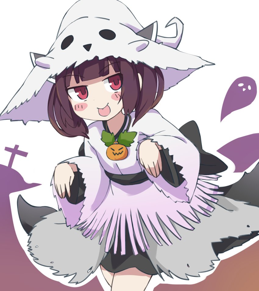 1girl, :p, absurdres, blunt_bangs, blush_stickers, brown_hair, commentary, cowboy_shot, cross, dress, ghost, ghost_pose, halloween, halloween_costume, hat, headgear, highres, jewelry, necklace, obi, pelt, pumpkin, red_eyes, sash, short_hair, silhouette, solo, tongue, tongue_out, touhoku_kiritan, voiceroid, white_background, white_dress, white_hat, zerueru11