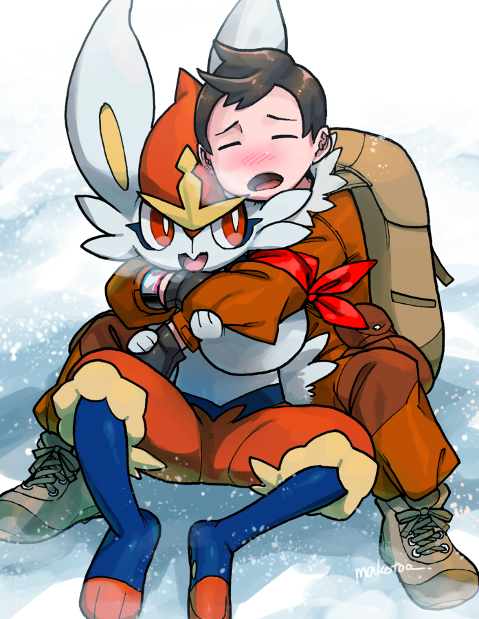 1boy, arm_ribbon, artist_name, backpack, bag, black_gloves, blush, boots