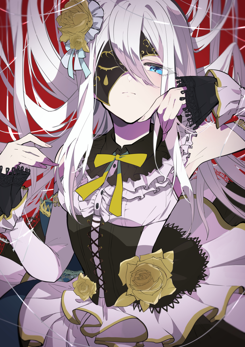 1girl, absurdres, armpits, arms_up, asymmetrical_sleeves, blue_eyes, commentary_request, dress