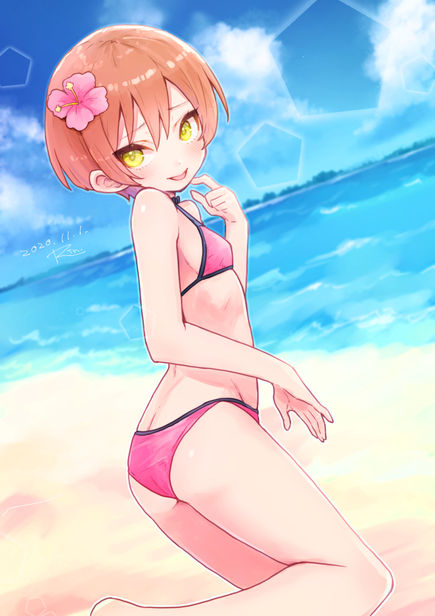 1girl, artist_name, artist_request, bare_legs, bare_shoulders, barefoot, beach, bikini