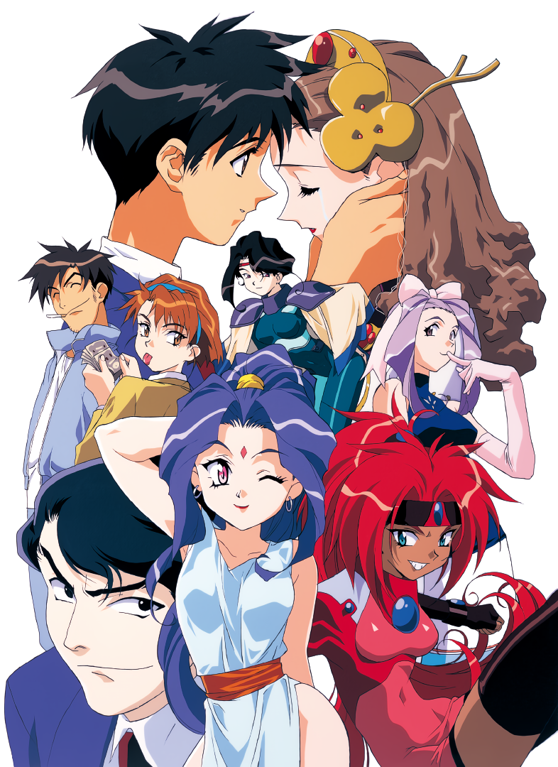1990s_(style), 3boys, 6+girls, :p, afura_mann, alielle, aqua_eyes, arm_behind_head